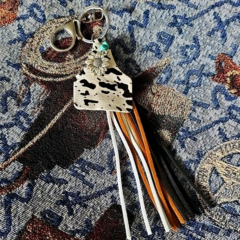 Cow Print Cowtag Sunflower With Stone Accents And Leather Tassel Key…